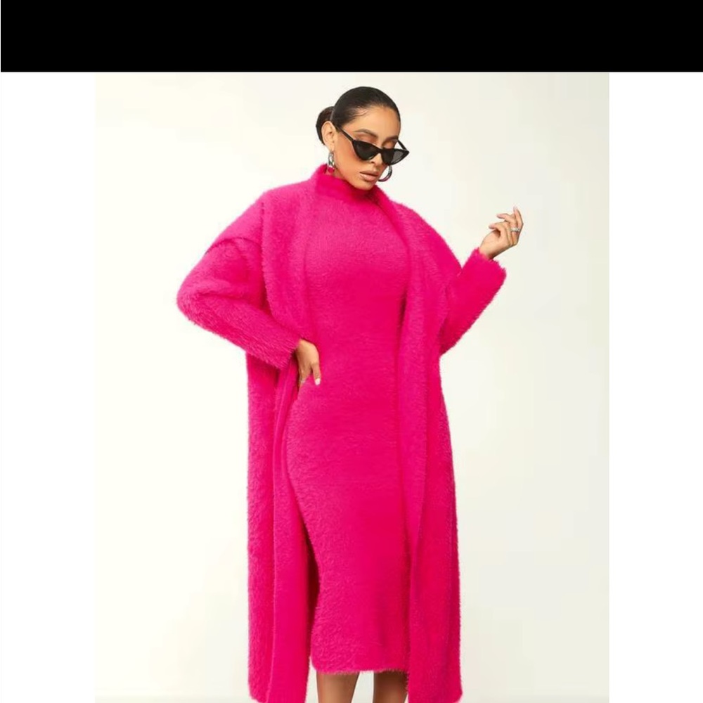 Elegant Pink Midi Dress with Matching Cardigan